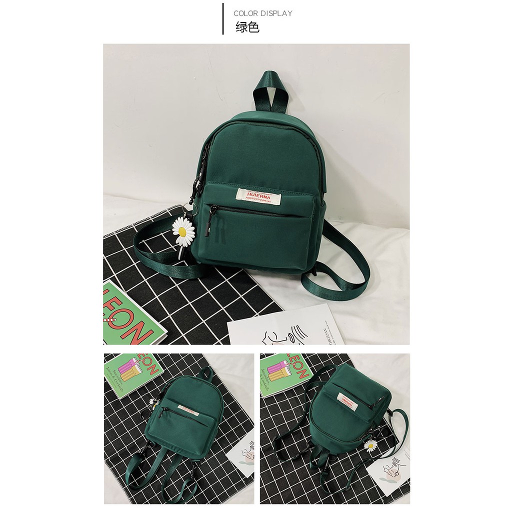 Balo Nữ Mini Vải Thô Móc Khóa Hoa Cúc Dễ Thương Màu Đen/Xanh