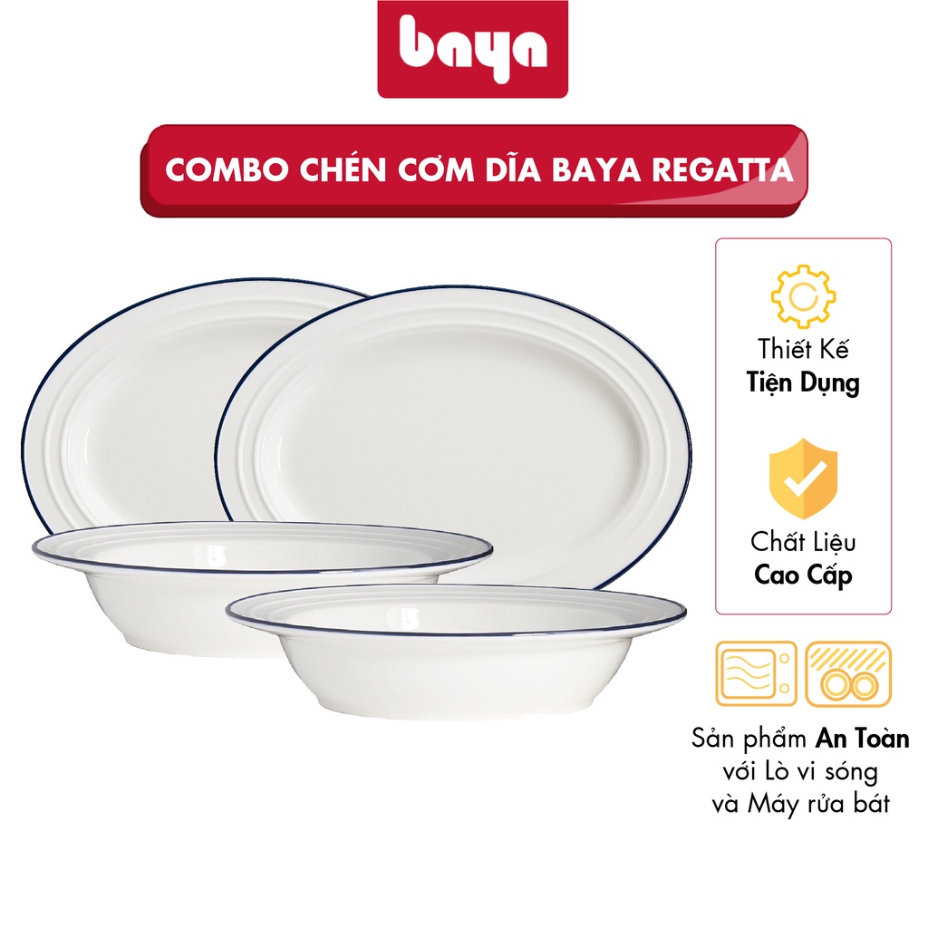 Combo 4 Đĩa Tráng Men BAYA REGATTA Gồm 2 Cỡ Lớn Và 2 Cỡ Sâu Lòng Chất Liệu Sứ Trắng 6000252