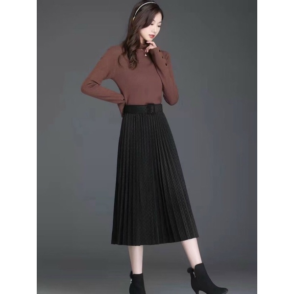 Chân váy nhung xếp ly kèm đai Quảng Châu loại 1
