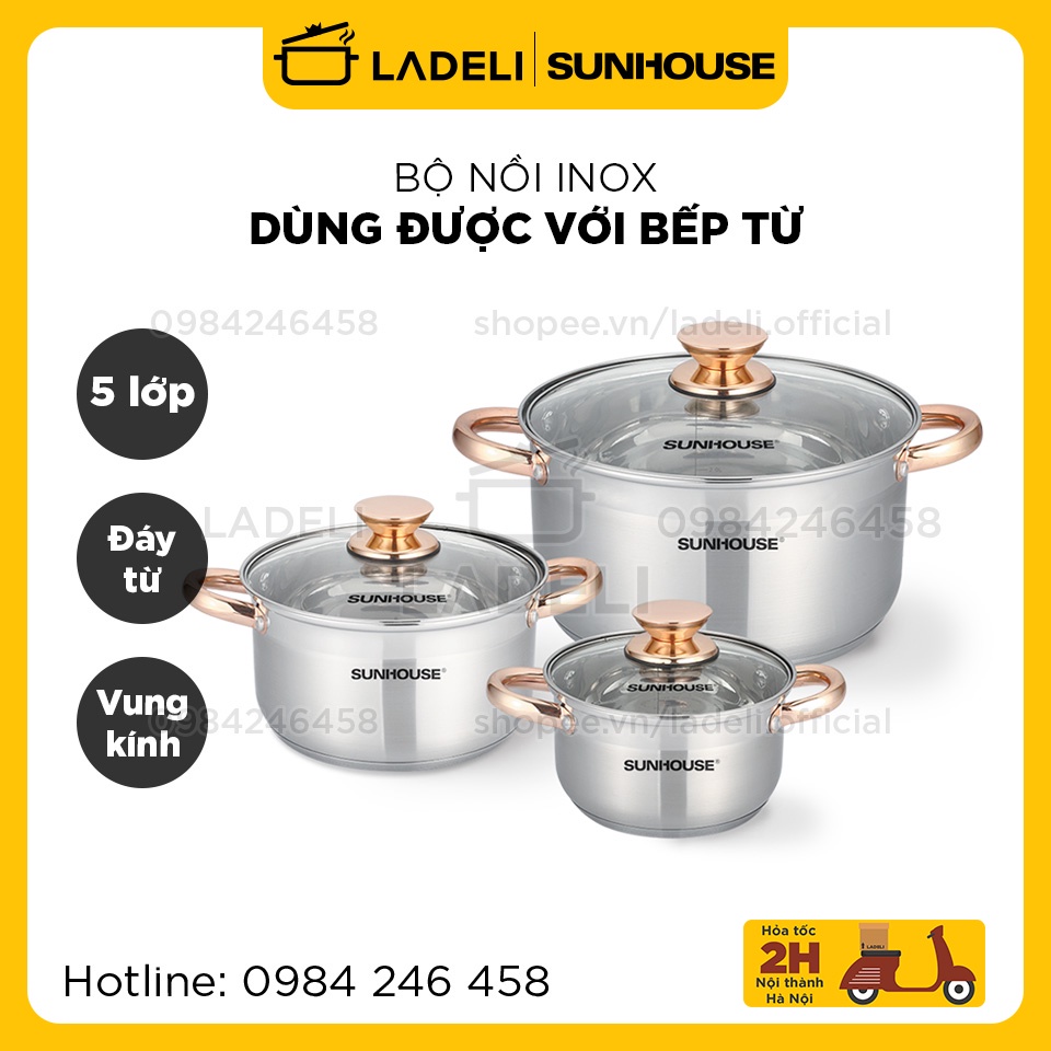 Bộ nồi inox 5 đáy SUNHOUSE SH781 vung kính đáy từ