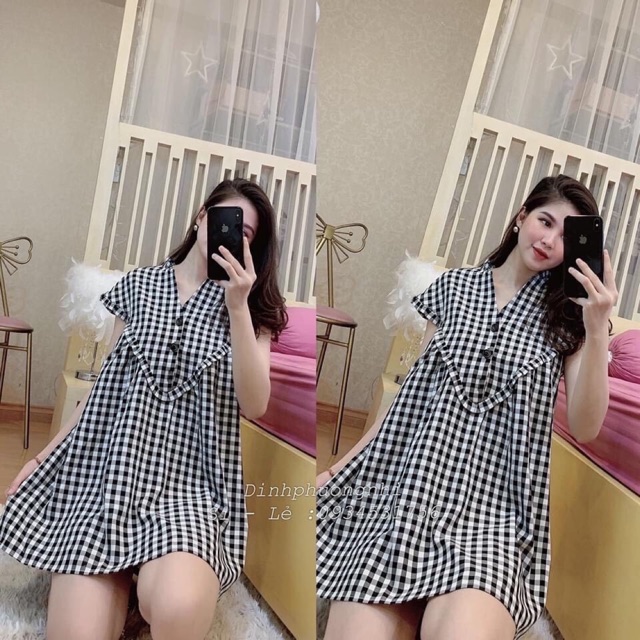 Váy kẻ caro dáng xuông siêu xinh. Dáng xuông ce bầu bí bon chen thoải mái luôn ạ. Váy pha bèo cute cực luôn ý.!thoải mái
