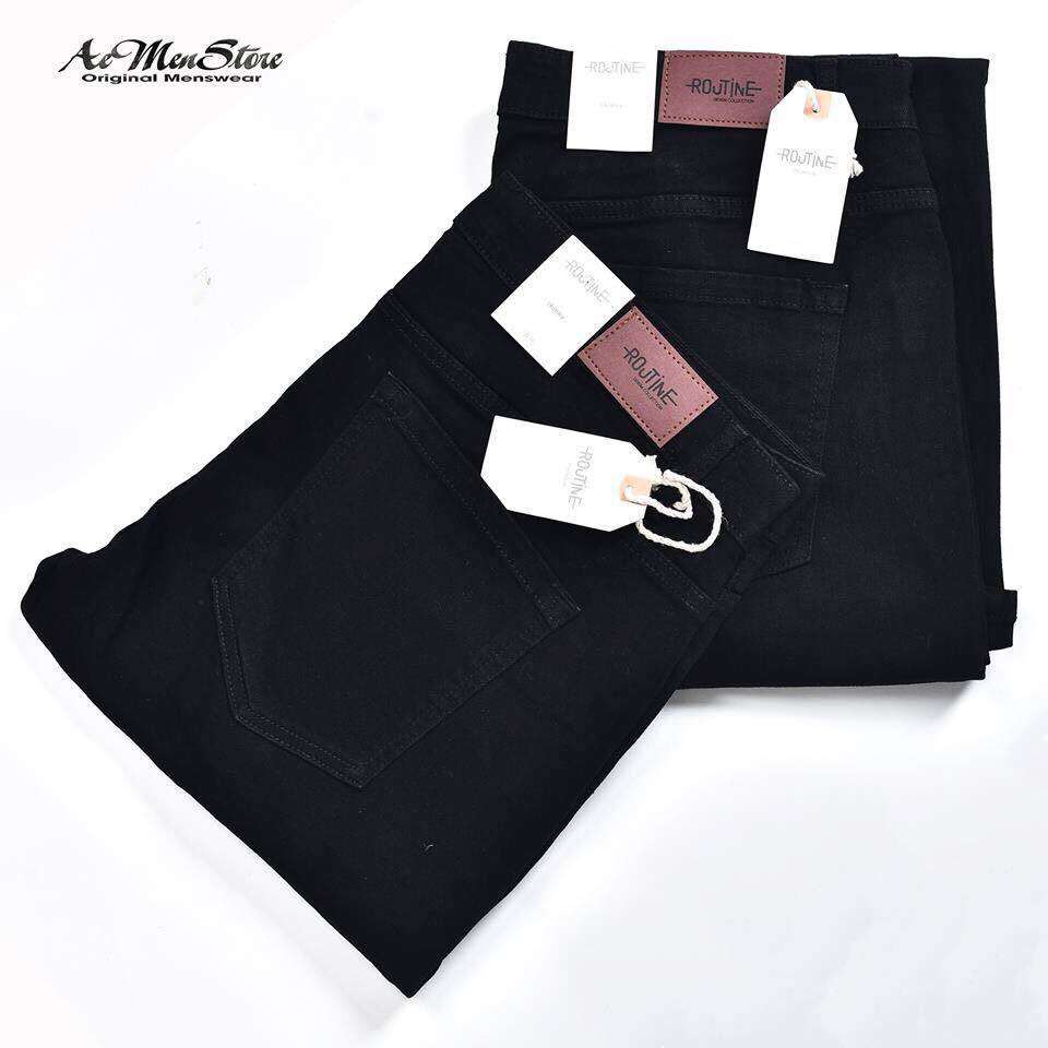 Quần jean nam đen trơn, quần jean nam rách gối dáng skinny Routine