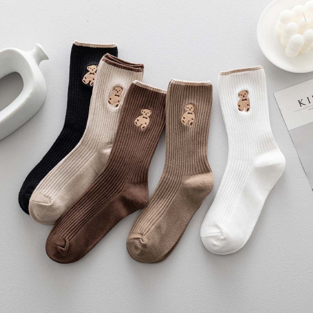 Vớ cotton cổ trung màu trơn thêu hình gấu hoạt hình dễ thương thoáng khí nhiều màu tùy chọn cho nữ
