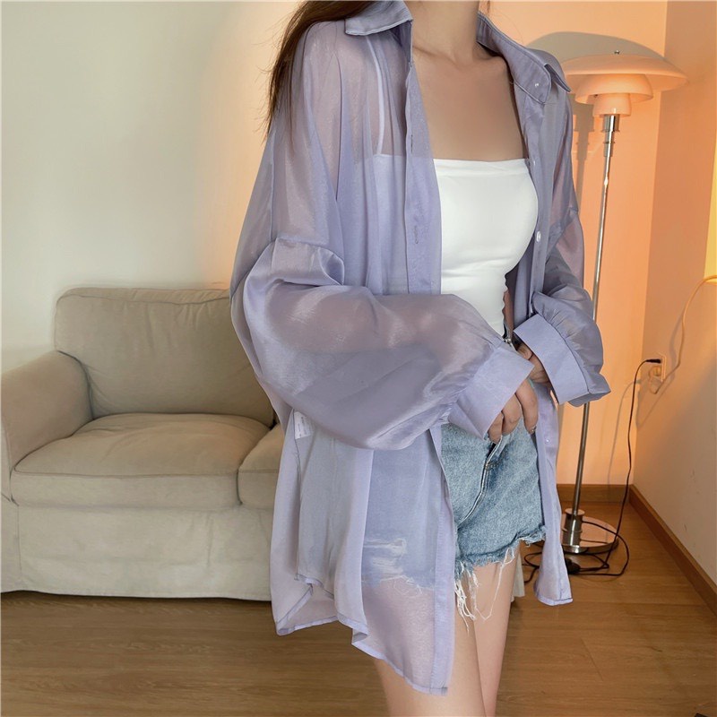 Áo sơ mi nữ đi biển voan tàng hình - Áo khoác nhẹ oversize mix cùng 2 dây siêu xinh
