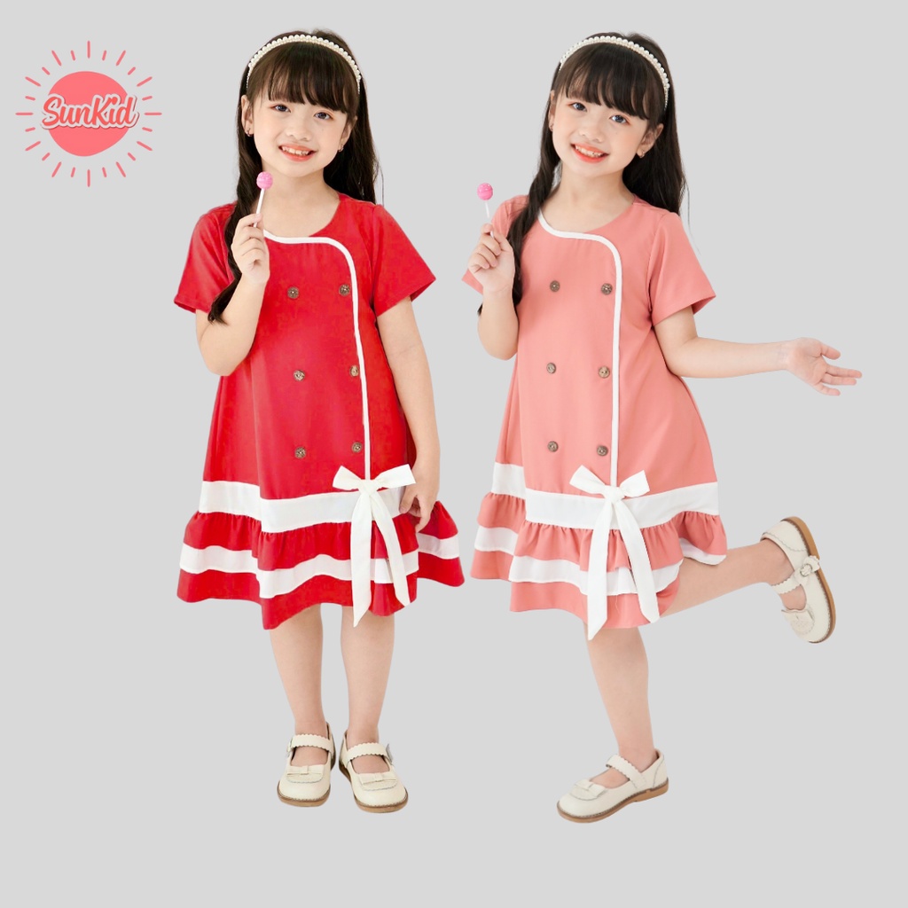 Váy đầm hè dáng suông thắt nơ vải trượt nhật Sunkid SM hồng, đỏ size trẻ em 412 tuổi