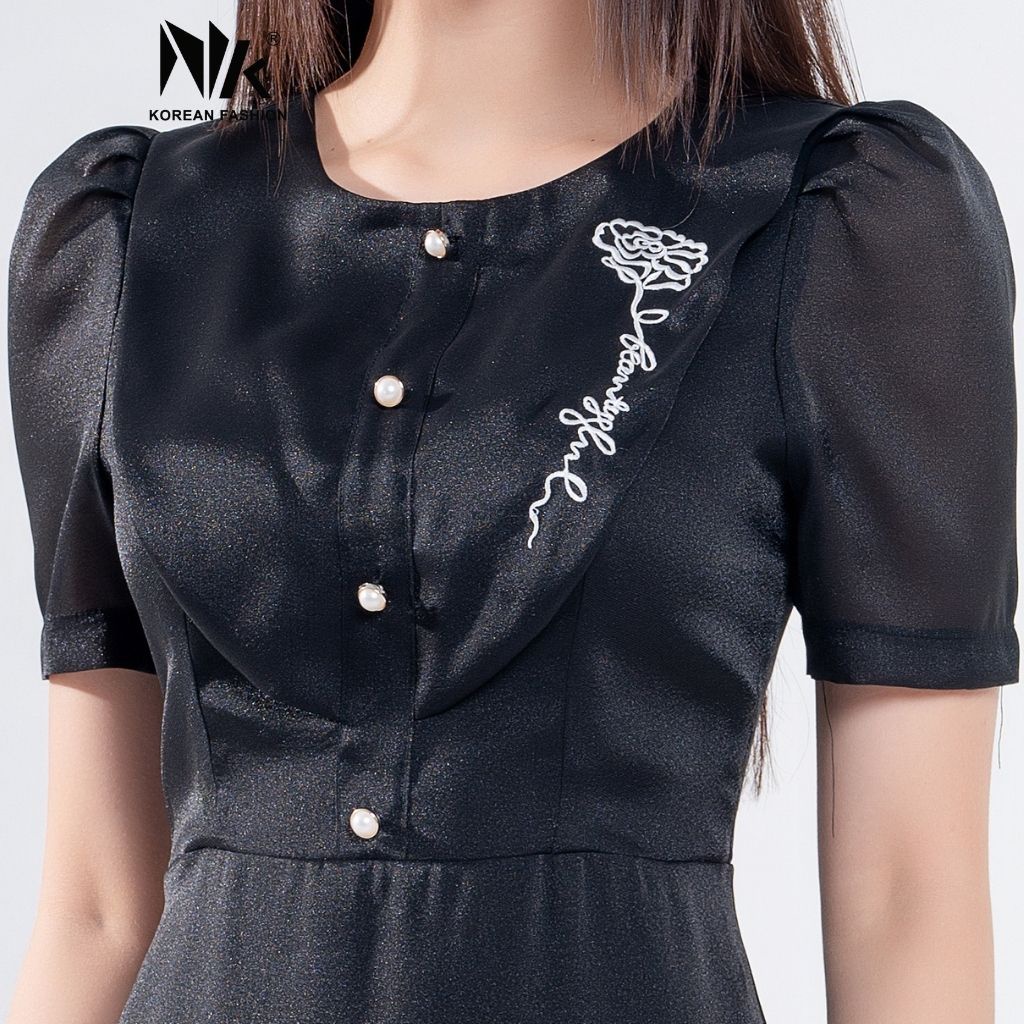 Váy Thiết Kế Nữ Dáng Xòe NK FASHION Thiết Kế Cổ Tròn Thêu Dập Ngực, Vải Hàn Cao Cấp NKDV2201004