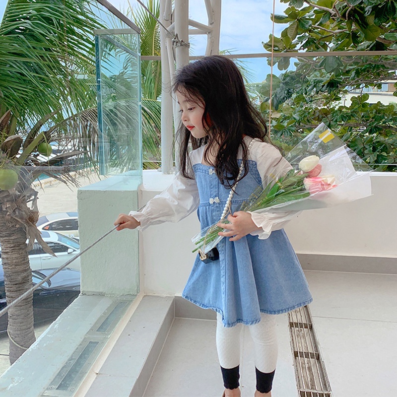 Đầm Denim Tay Phồng Xinh Xắn Theo Phong Cách Hàn Quốc Dành Cho Bé Gái