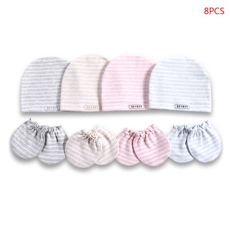 Bộ 8 Găng Tay Cotton Họa Tiết Kẻ Sọc Đơn Giản Dành Cho Bé Sơ Sinh