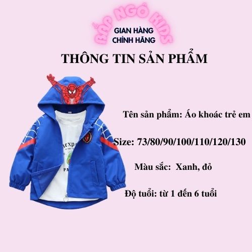 Áo khoác gió cho bé, spider man cho bé trai tránh gió giữ ấm mùa đông Bắp Ngô Kids size từ 7 đến 20kg