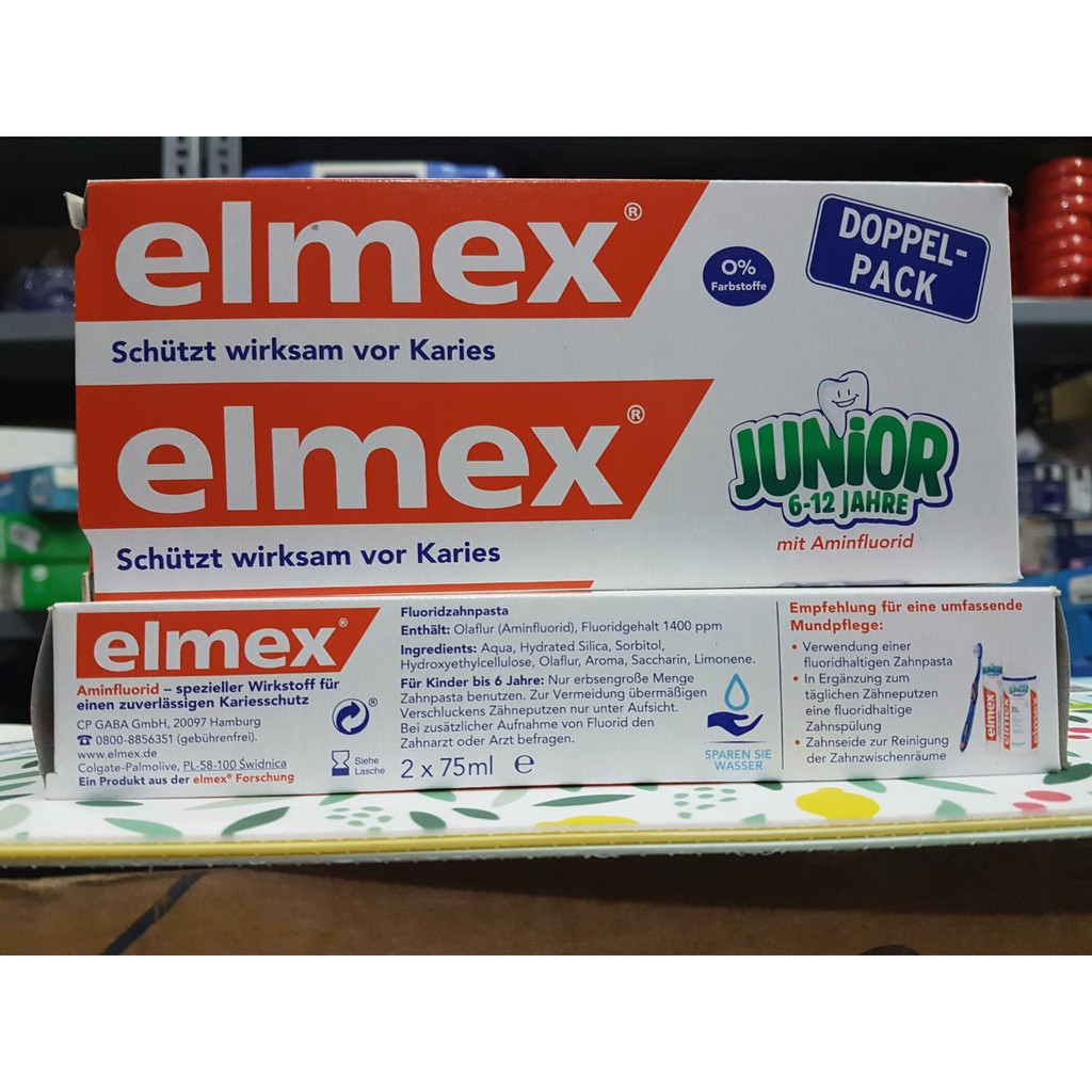 Kem đánh răng trẻ em từ 6 tuổi elmex Junior Doppelpack hộp 2 tuýp của Đức.