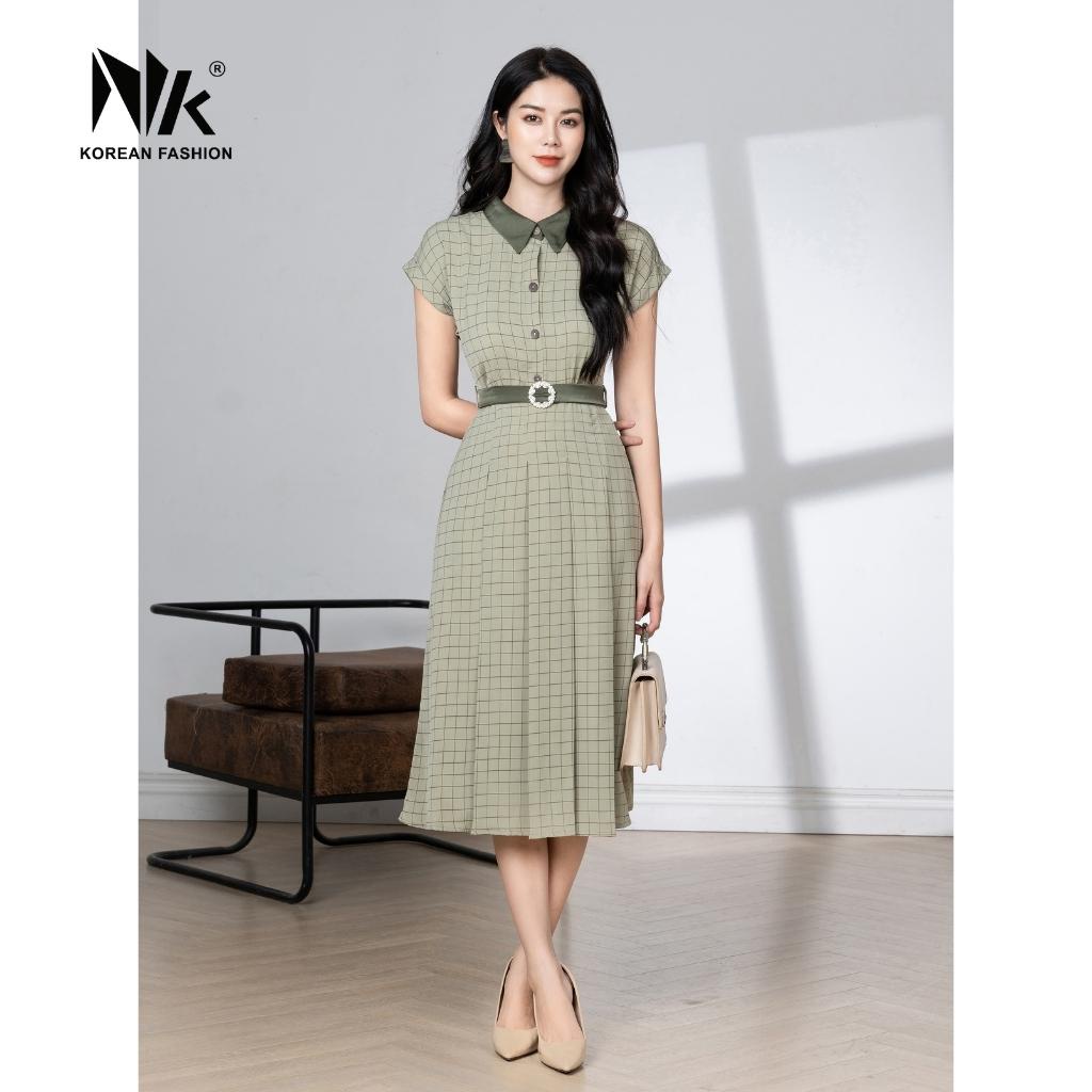 Đầm Họa Tiết Kẻ Nữ NK Fashion Thiết Kế Phong Cách Sang Trọng, Cổ Phối Màu Hiện Đại NKDV2203012