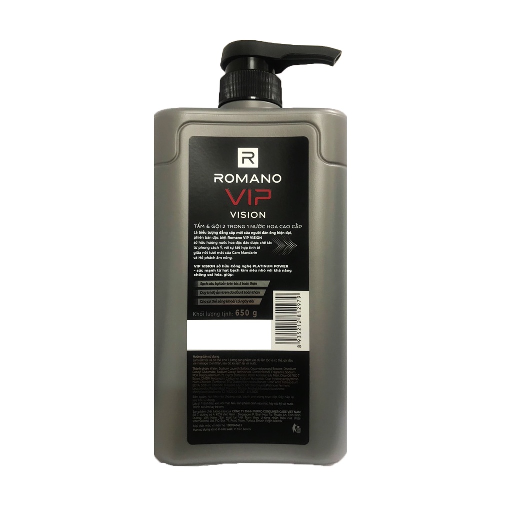 Tắm và Gội 2in1 Romano Vip Vision Nước Hoa Cao Cấp 650g/chai+ Tặng dầu Gội vip Vision 150g