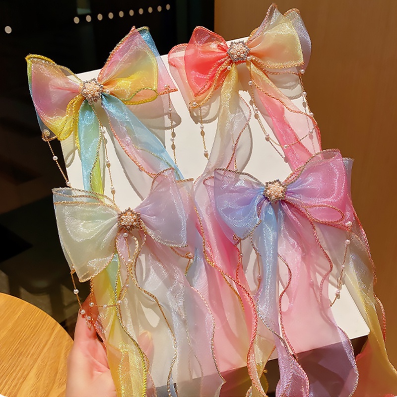 Kẹp Tóc Hình Nơ Đính Ngọc Trai Và Ruy Băng Dễ Thương Cho Bé Gái