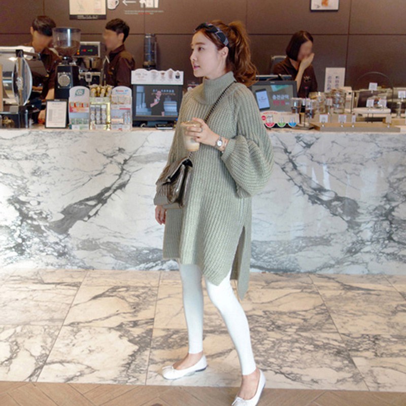 Áo Sweater Dệt Kim Cổ Lọ Dáng Rộng Dài Vừa Lưng Màu Trơn Xẻ Tà Đơn Giản Dễ Phối Đồ