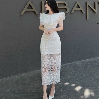 Đầm body ren trắng cổ sen suông dài thanh lịch đi chơi dự tiệc HATI