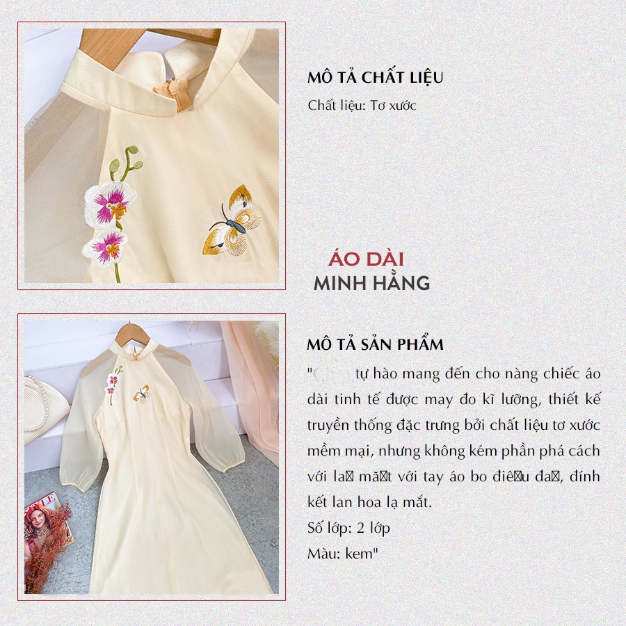 Áo dài nữ cách tân 4 tà thêu lan điệp hai lớp thủ công_ Áo Dài Minh Hằng