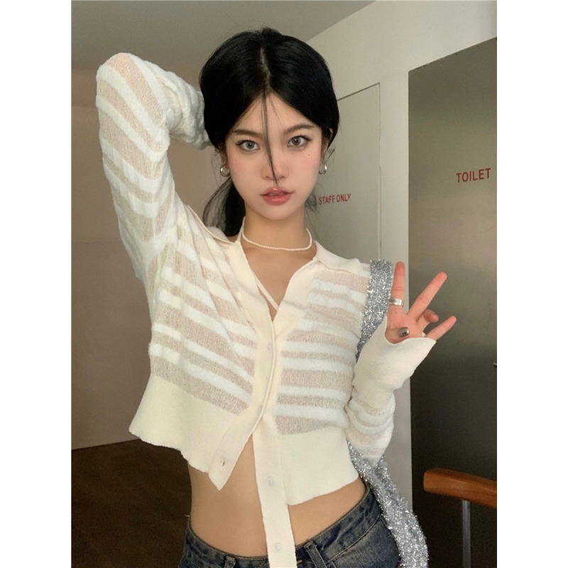 Áo cardigan ZHELIHANGFEI dệt kim cổ bẻ dài tay lưng cao gợi cảm cho nữ