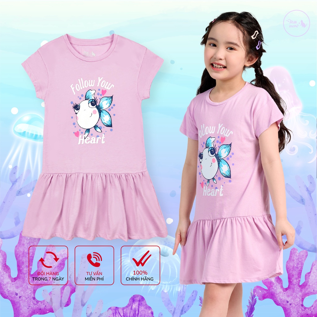 Váy Bé Gái Miss Meow, Đầm Cho Bé Chất Cotton Bèo Gấu In Cá Nhỏ Size Đại 3-11 Tuổi