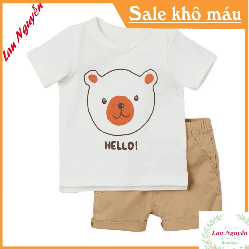 BÁN SỈ BỘ ÁO CỘC IN GẤU HELLO MIX QUẦN SHORT NÂU CHO BT