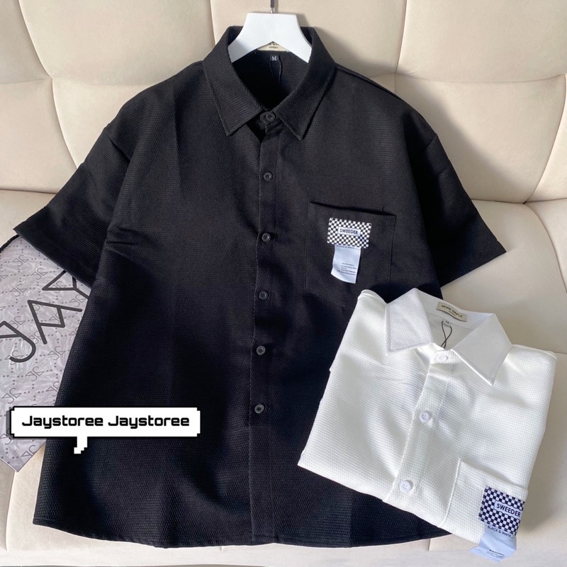Áo sơmi tay lỡ unisex SWEEDER màu ĐEN/TRẮNG  Nam nữ unisex  Áo Sơ Mi form rộng style Ulzzang