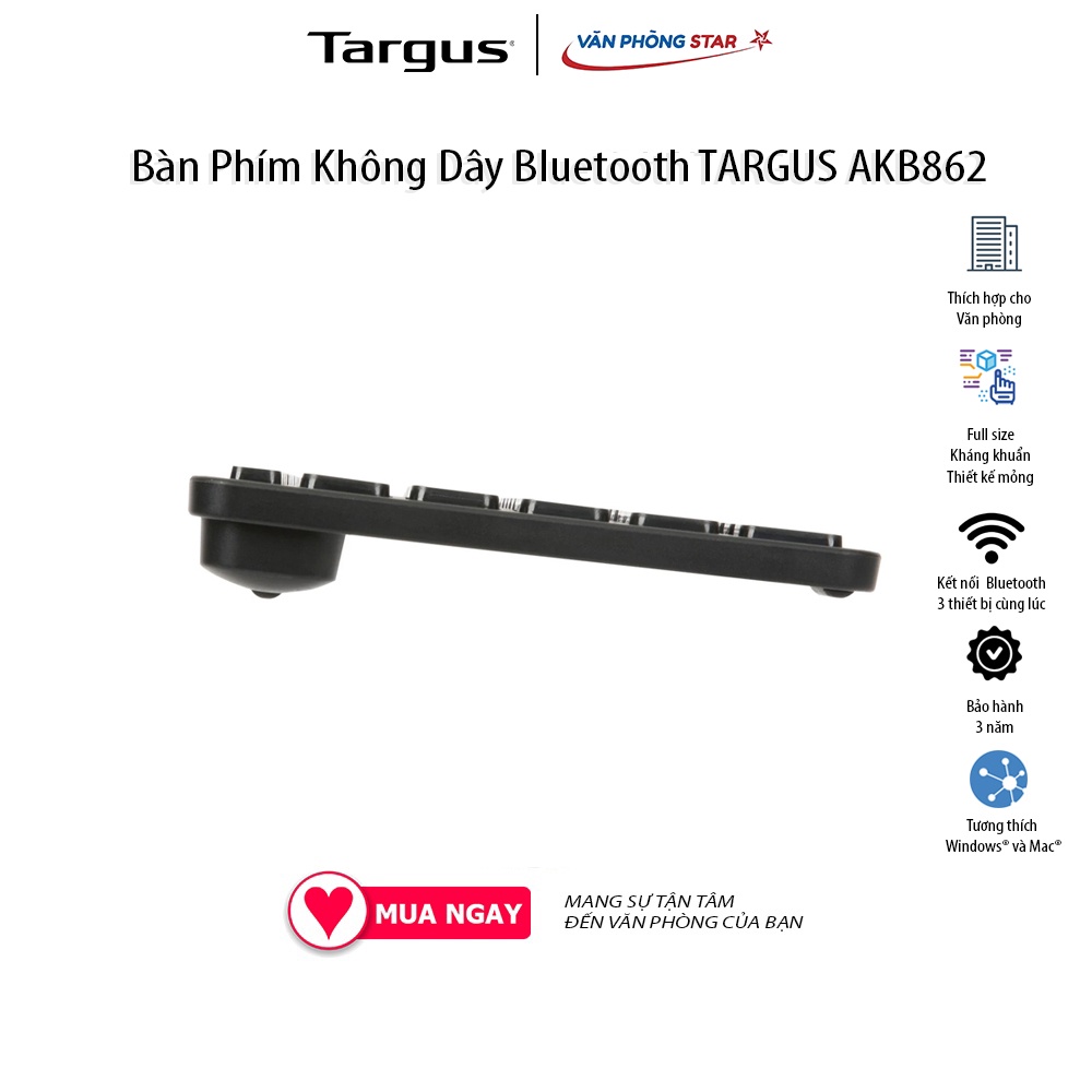 Bàn phím không DâyTargus Multi device Compact Bluetooth AKB862AP full size. Thiết kế mỏng đẹp kháng khuẩn