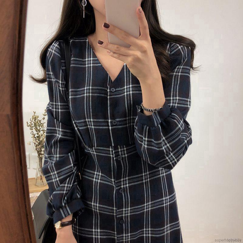 Đầm nữ tay dài họa tiết caro phong cách retro
