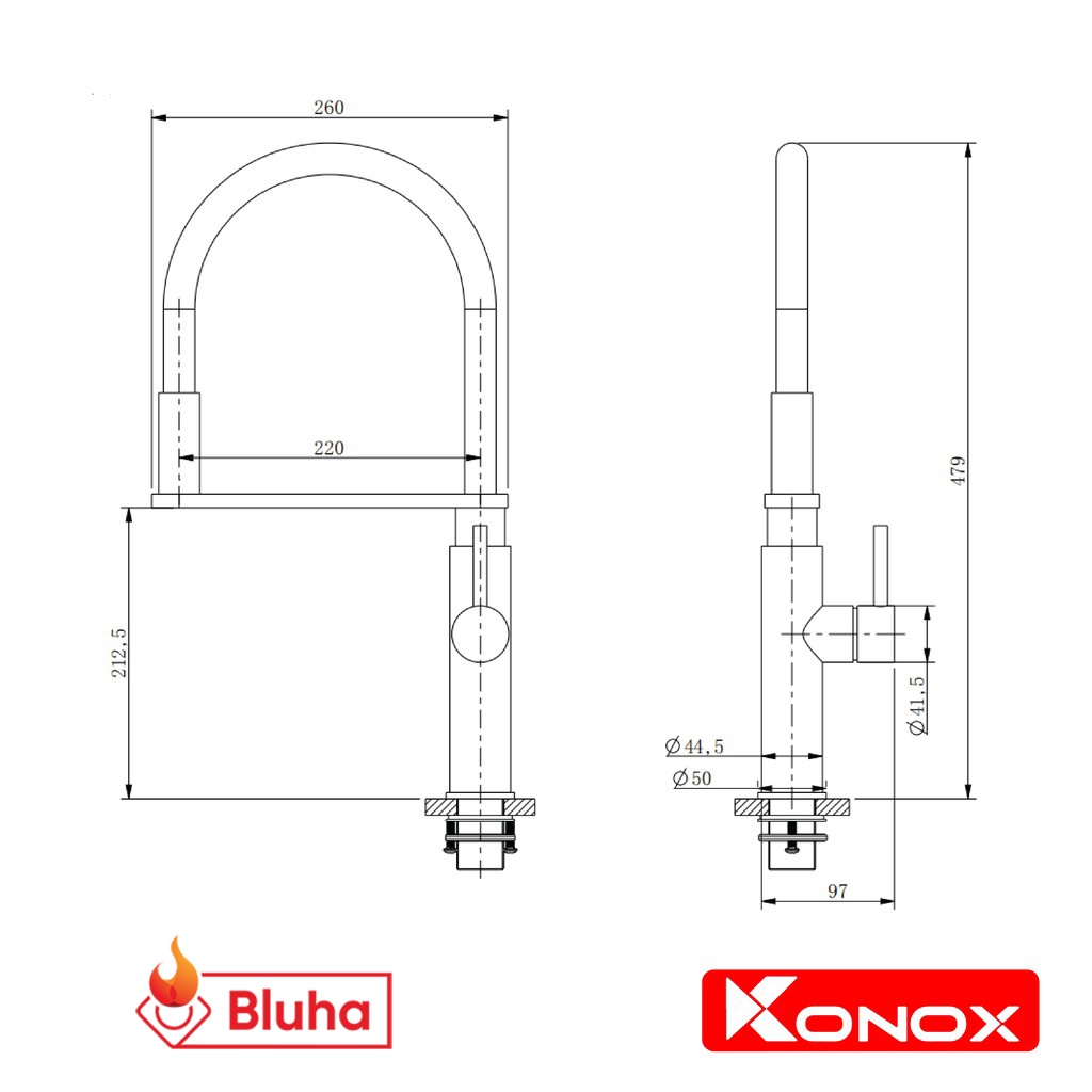 Vòi rửa bát cần mềm KONOX KN-1618 hợp kim đồng tiêu chuẩn Châu Âu, 2 chế độ nước