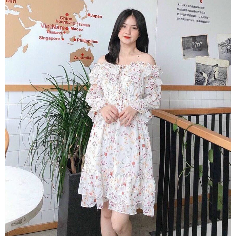 Đầm voan hoa nhí trễ vai nữ tính Đầm váy thiết kế Chic Store