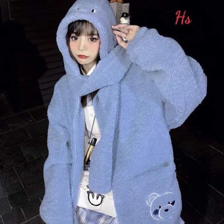 Áo khoác lông thêu túi gấu kèm khăn quàng cổ hs