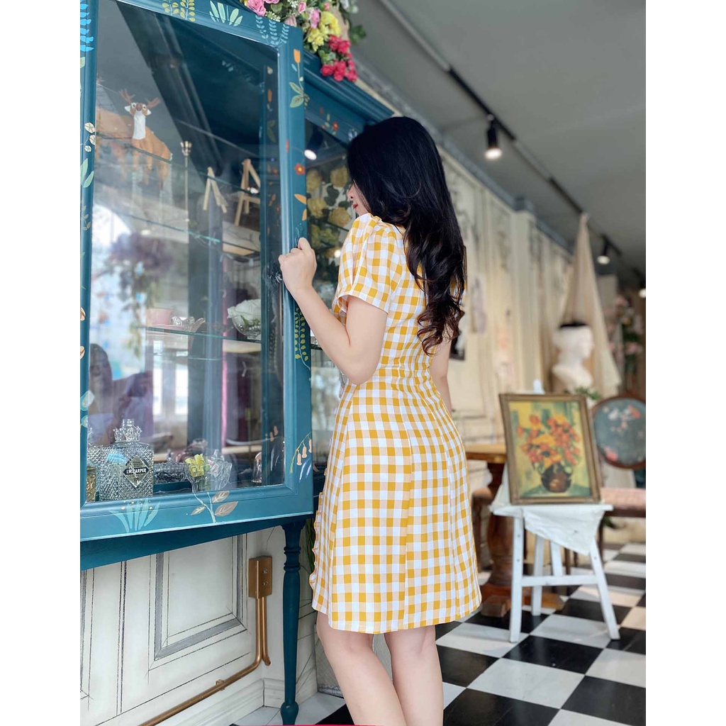 Đầm công sở caro vàng thiết kế dáng chữ a eo che bụng mỡ tay ngắn trẻ trung phù hợp đi làm đi chơi – Thời trang Lux W