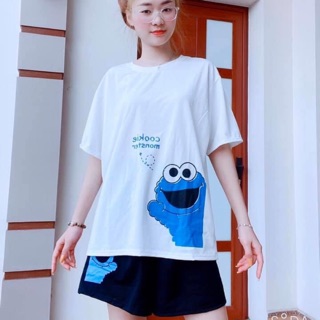 BỘ ELMO + BỘ COOKIE MONSTER ÁO PHÔNG TRẮNG MIX QUẦN KAKI ĐŨI ĐEN ULZZANG