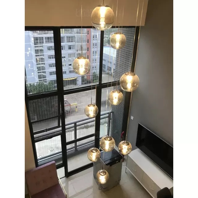 Đèn thả thông tầng đính hạt phale trong chao thủy tinh, đèn thả cầu thang, trang trí bàn ăn HTK 018