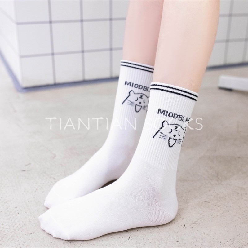 TIAN TIAN T110 Tất nam nữ cao cổ  Vớ cổ vừa màu đen/trắng họa tiết hoạt hình dễ thương
