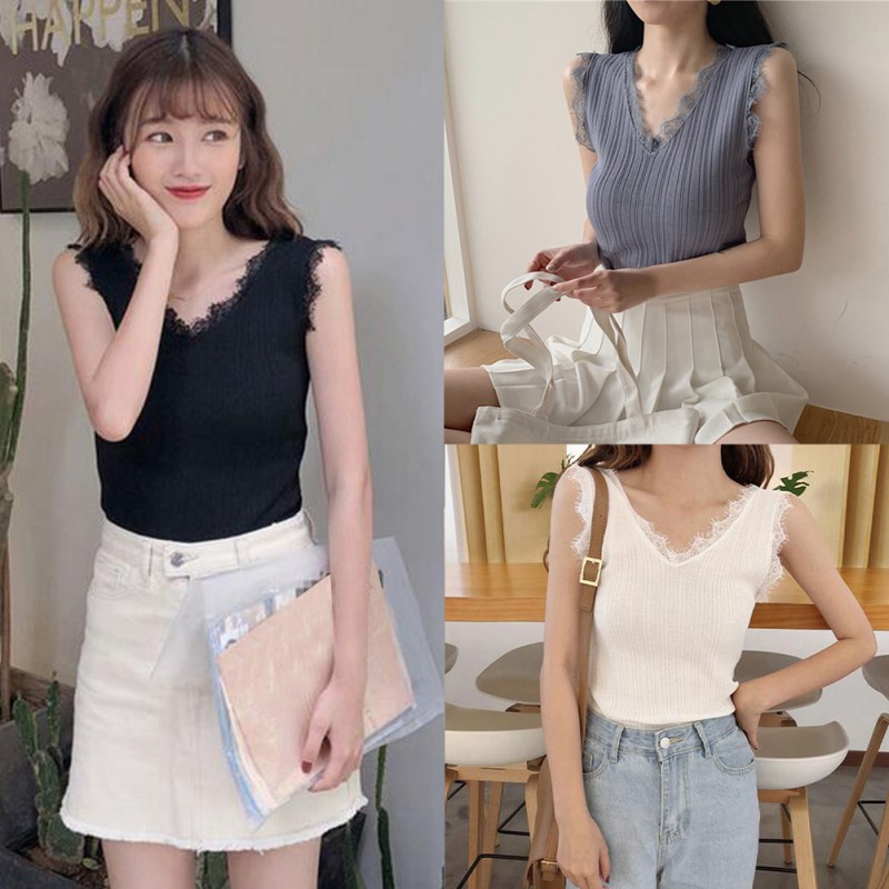 Women Lace Stitching Slim Knit Camisole