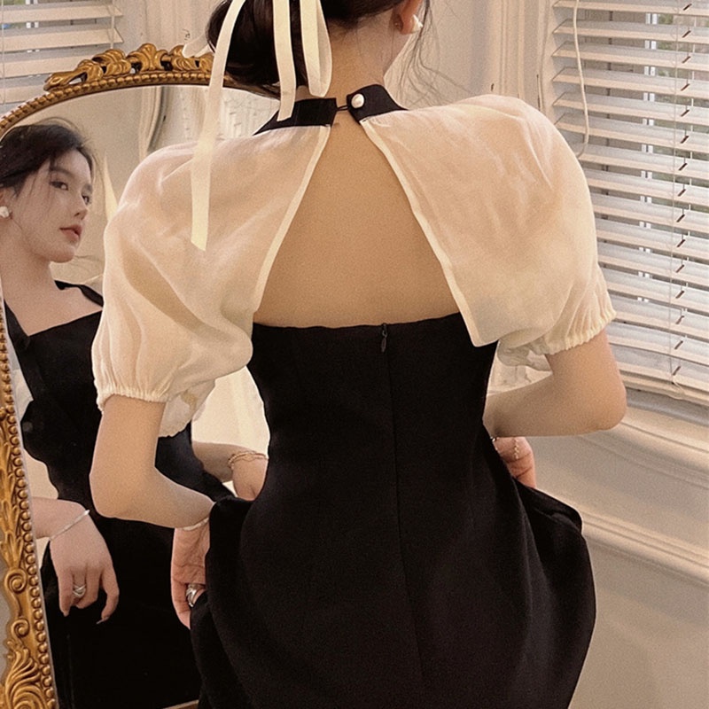 IELGY Đầm cổ vuông tay phồng màu đen thời trang cho nữ