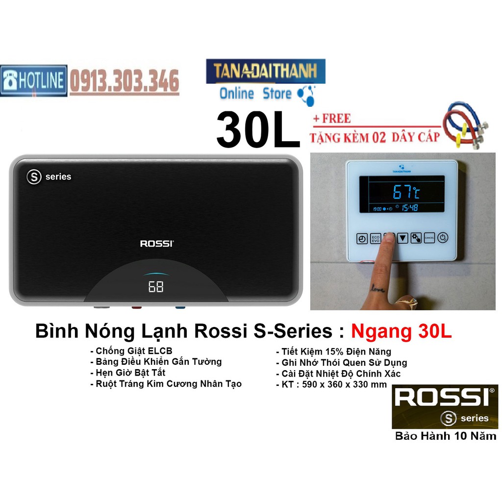 Bình nóng lạnh gián tiếp Rossi S-Series 30 LÍT NGANG, chính hãng, bảo hành 10 năm toàn quốc, tân á đại thành online