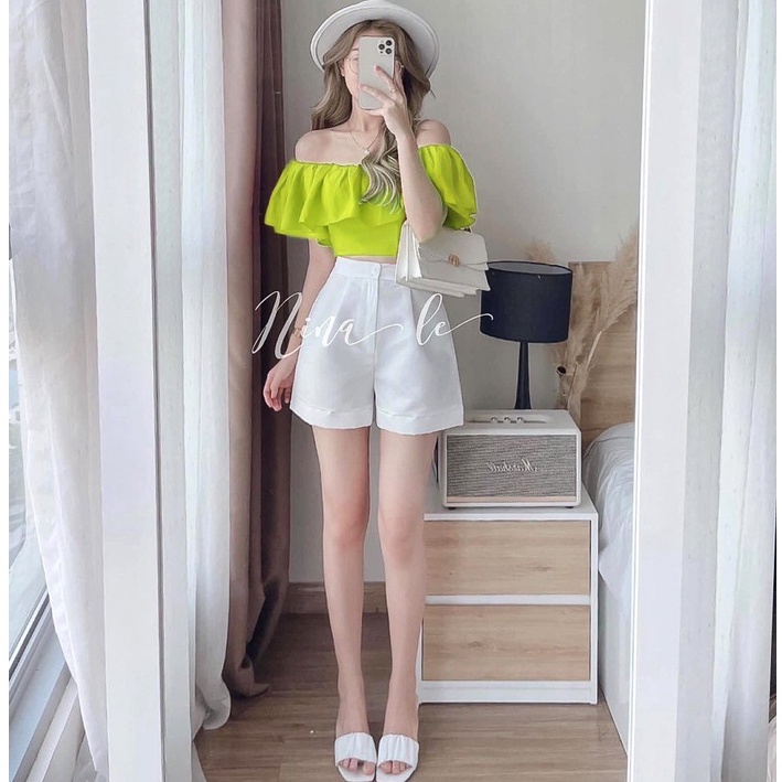 Set áo trễ vai hồng sen cổ bèo quần short đùi TH506
