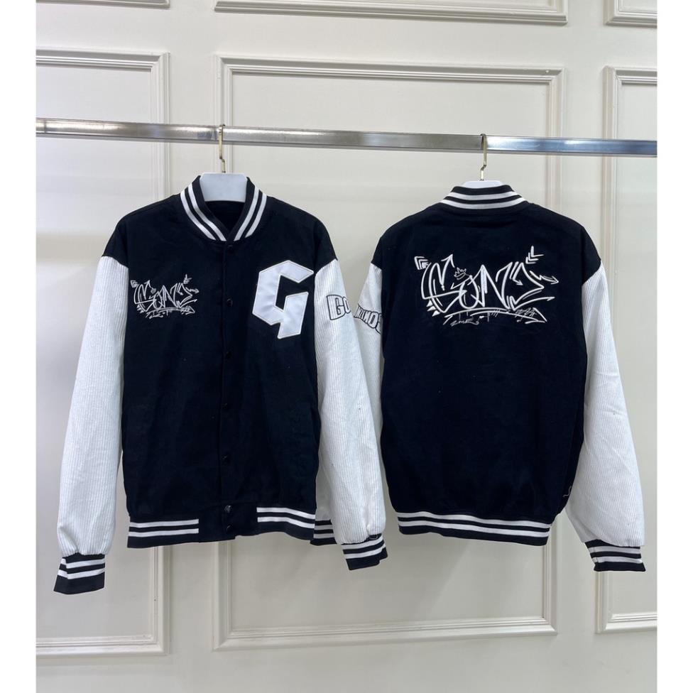 Áo khoác Bomber, Varsity jacket Gonz Black Graffiti V3 nam nữ nỉ nhung Form rộng,Áo khoác bomber 2 lớp Gonz