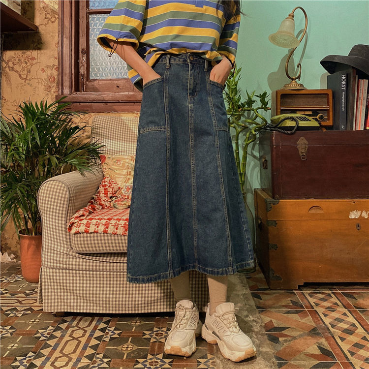 Chân váy dài chữ A lưng cao size lớn dáng rộng vải denim phong cách cổ điển dành cho bạn nữ | BigBuy360 - bigbuy360.vn