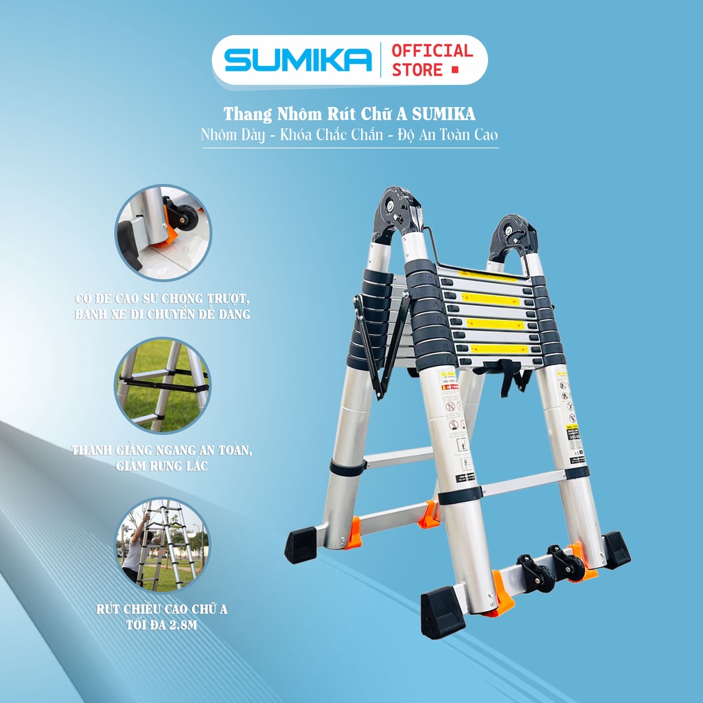 Thang nhôm rút đôi SUMIKA SK560D NEW - rút chữ A cao 2.8m, rút chữ I cao 5.6m, tải trọng 300kg