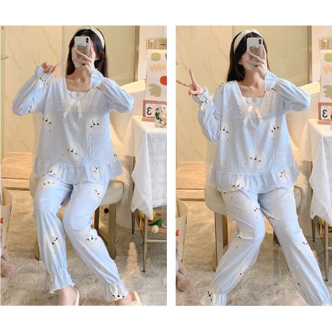 Bộ pijama dài tay tiểu thư phối ren sang trong, cotton tăm Nogin - BT05