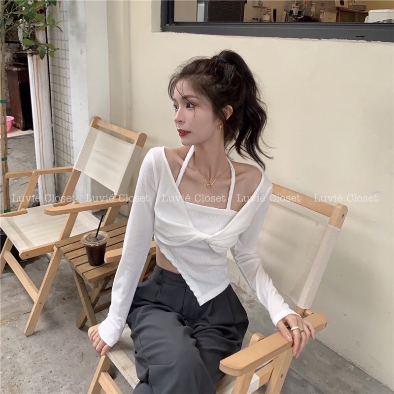 Áo Croptop Nữ Dài Tay Thiết Kế Xoắn Nơ Ngực Cổ Yếm Cột Dây Lưng Lệch Tà Khoét Eo Ôm Body Phong Cách Ulzzang Hàn Quốc