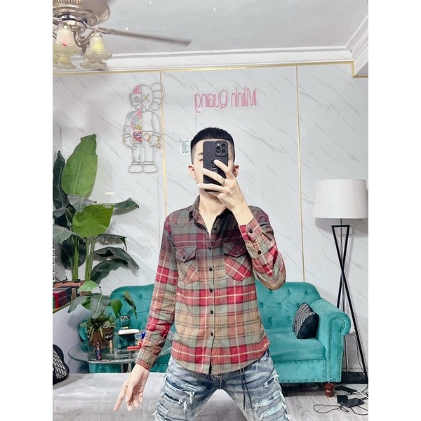 Áo sơ mi kiểu nam nữ Amiri dài tay kẻ đỏ xanh/ nâu nhúng pha màu đen nhạt chất cotton dày dặn cao cấp SM26P