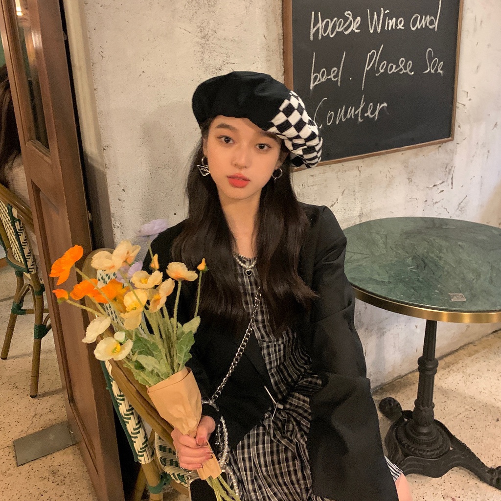 Nón Beret Họa Tiết Caro Màu Sắc Tương Phản Thời Trang Hàn Quốc Cho Nữ