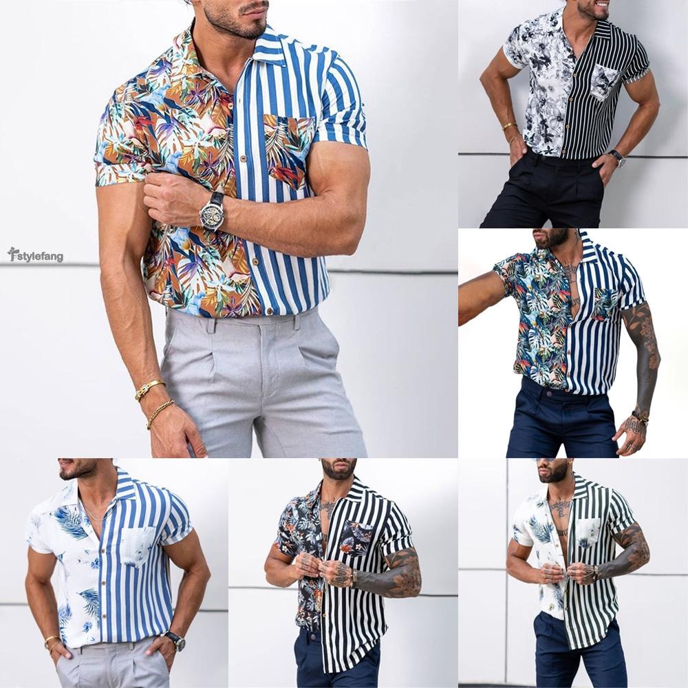 STYLEF-~Men/Mens Button Down Shirt Fitness Short Sleeve Casual Party Hawaiian Tee Top-