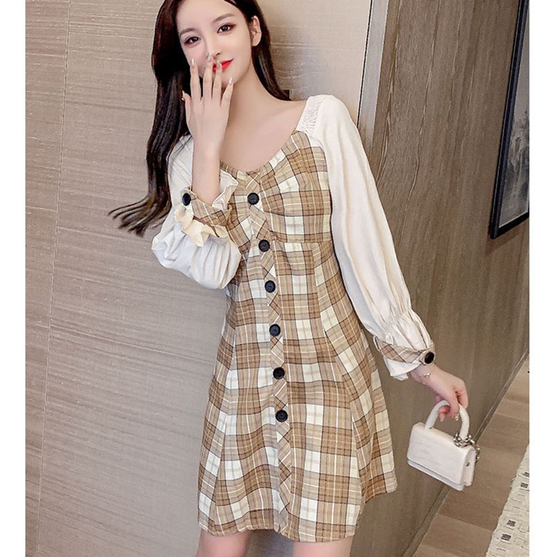 Đầm váy nữ cổ vuông, mẫu váy đầm kẻ caro dáng xòe mặc được cổ vuông và trễ vai-L042 | BigBuy360 - bigbuy360.vn