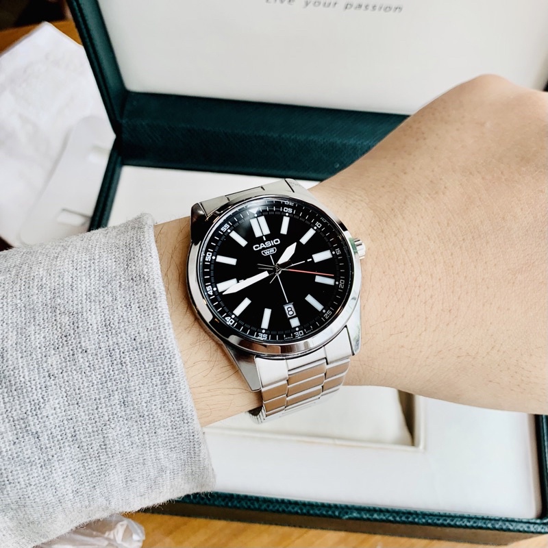 Đồng hồ nam kim da quang Casio MTP VD02D-1E Dây thép mặt đen Size 41mm chống nước 5ATM Bảo hành 1 năm Hyma watch