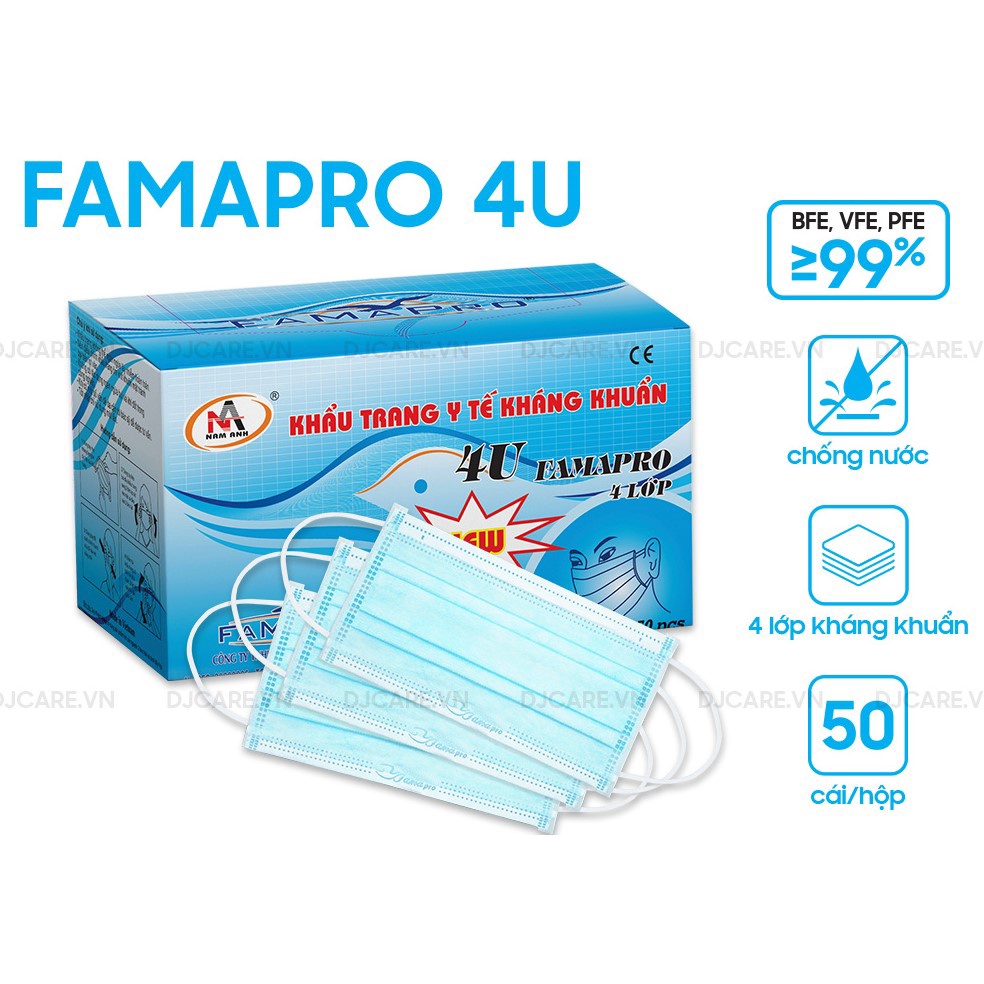 [HỘP50 CÁI] COMBO 5 HỘP Khẩu trang y tế 4 lớp kháng khuẩn Famapro 4U