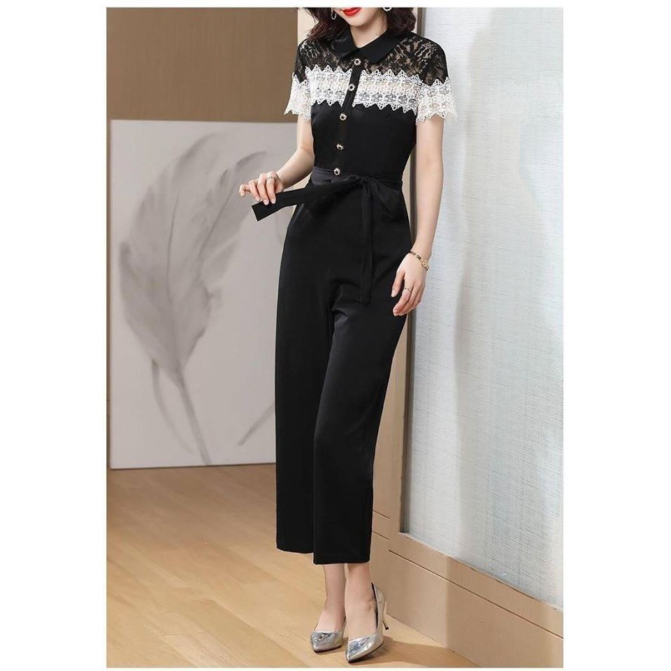 HÀNG NHẬP - JUMPSUIT SUÔNG DÀI PHỐI REN TRẮNG ĐEN EO THẮT DÂY - MH283320