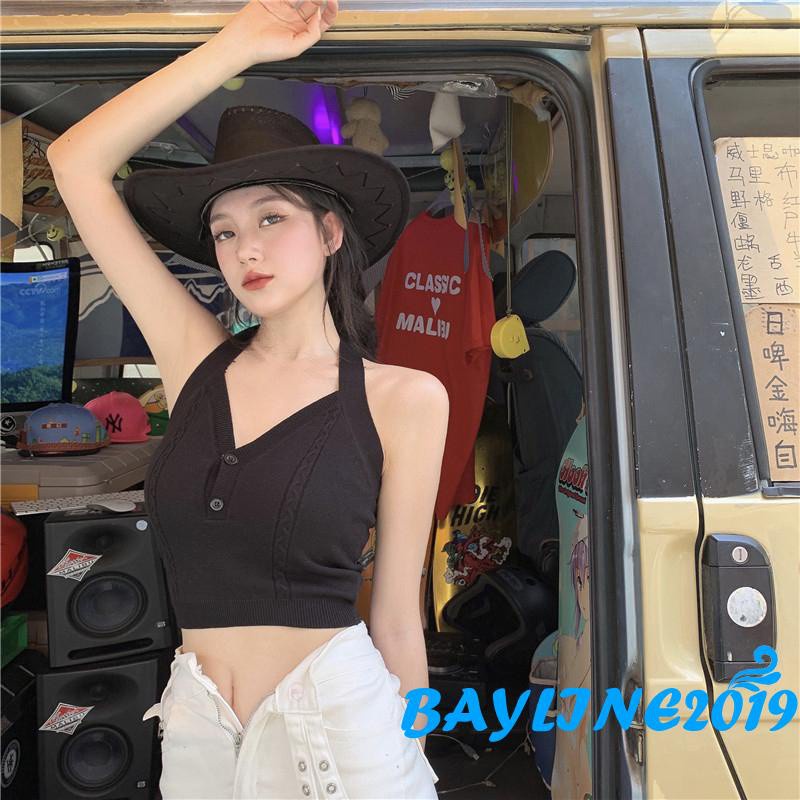 Áo croptop dệt kim không tay hở lưng màu trơn thời trang mùa hè năng động cho nữ 5 màu